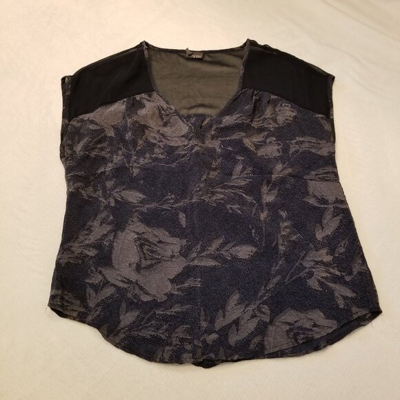 Sparkle & Fade Silk Top Navy Blue Floral Print XSmall V-Neck Tee Mesh/Sheer - Picture 3 of 10
